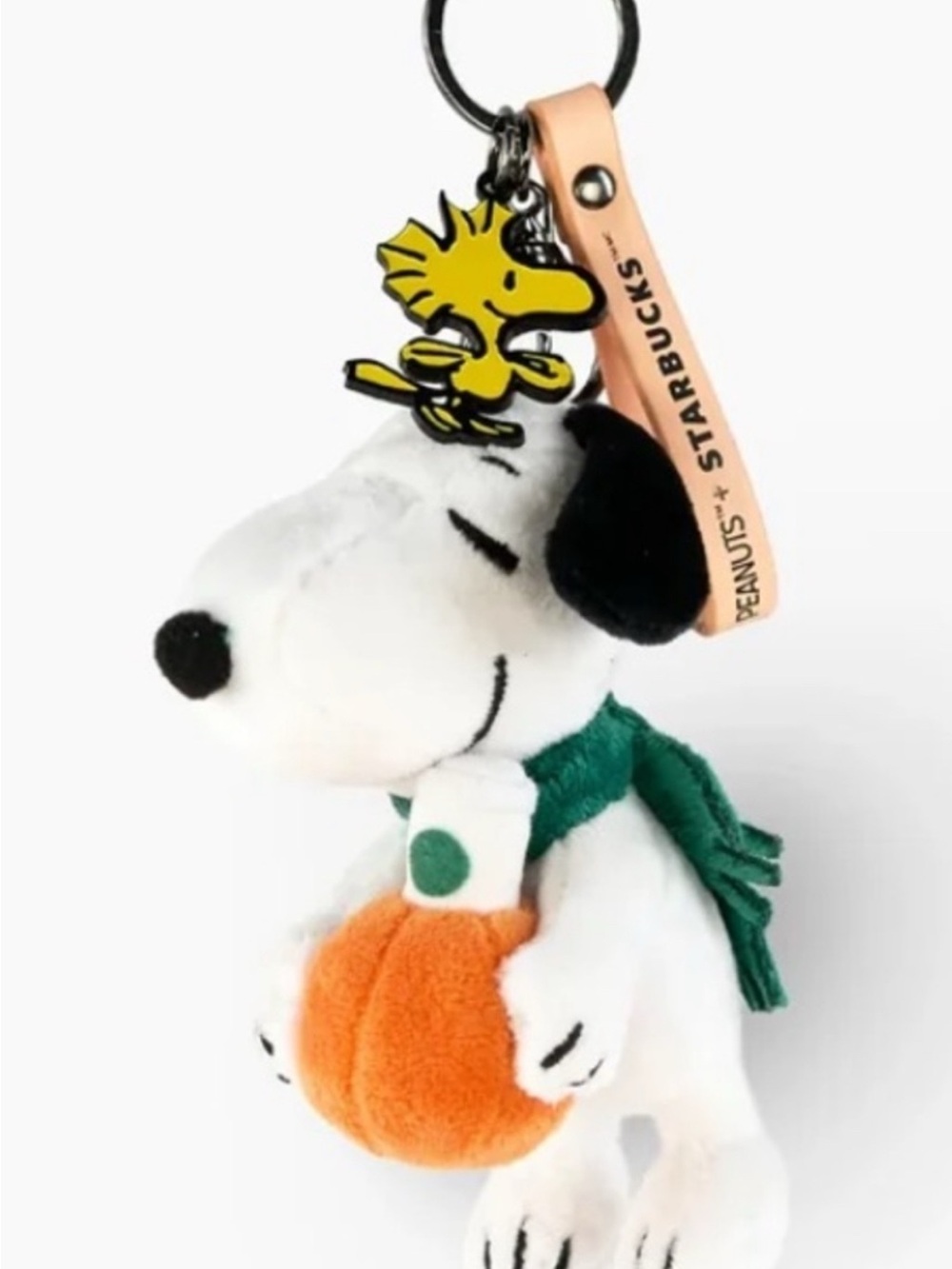 Starbucks White Snoopy Plush Keychain with Green Scarf & Orange Pumpkin